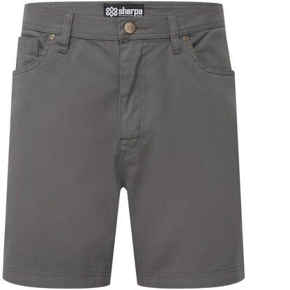 Front view of the Sherpa Adventure Gear Sample - Men's Dando 5 Pocket Short in Evergreen color showing the front pockets and button closure against a white background.