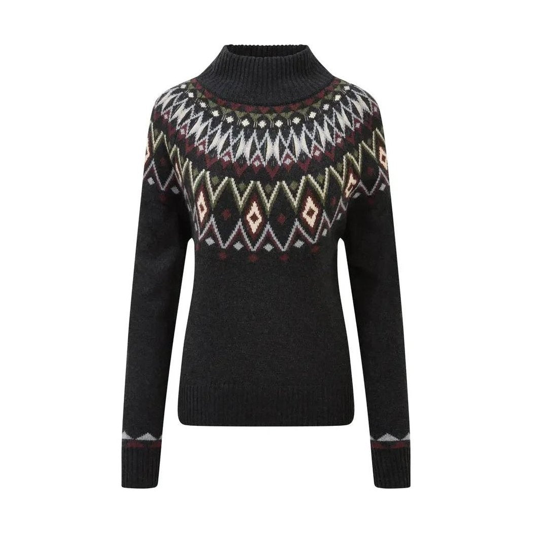 A front view of the Sherpa Adventure Gear Samples - Women's Indu Mock Neck black sweater with a colorful pattern on the chest and cuffs against a white background.