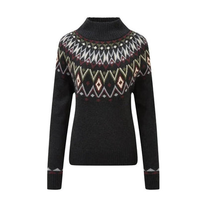 A front view of the Sherpa Adventure Gear Samples - Women's Indu Mock Neck black sweater with a colorful pattern on the chest and cuffs against a white background.
