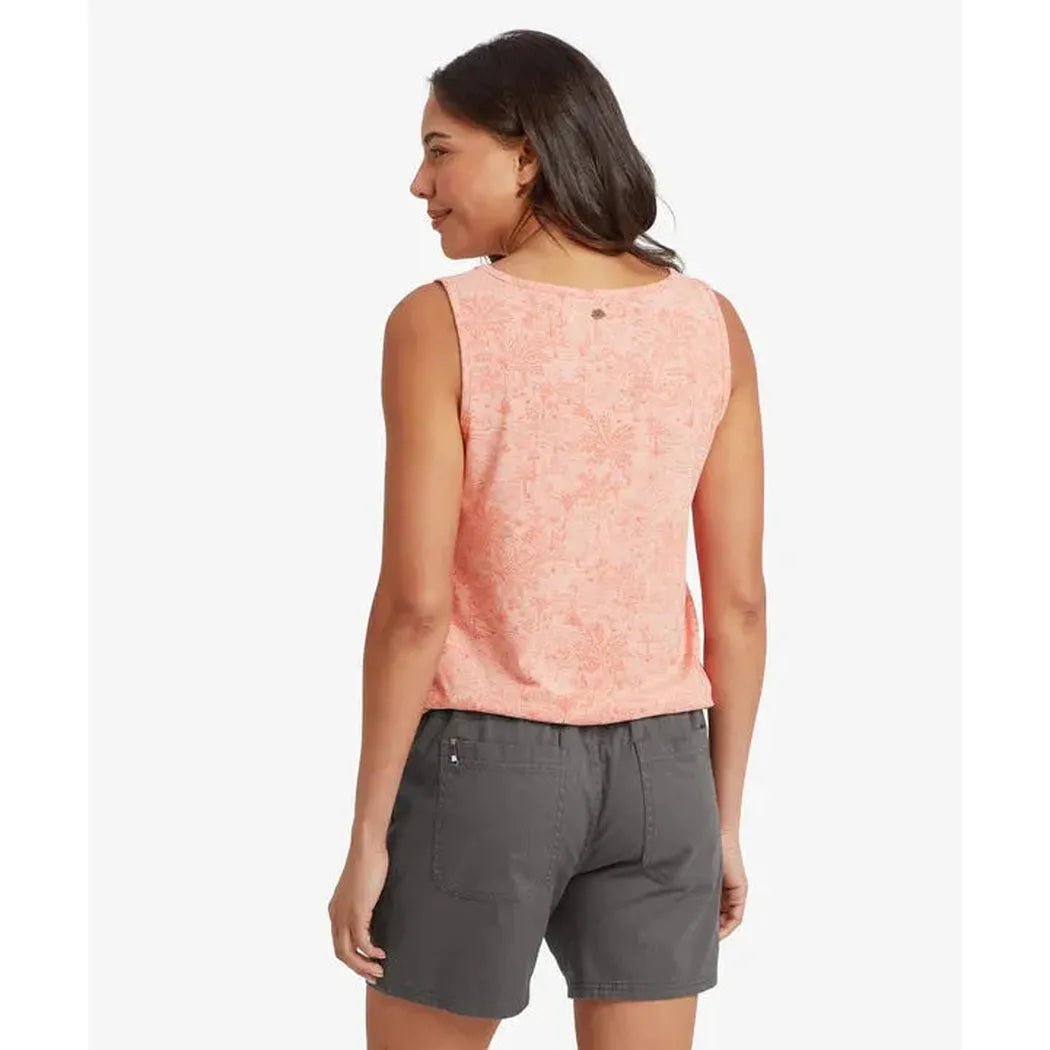 Back view of the Sherpa Adventure Gear Women's Neha V-Neck Tank in Rose Gold on a model wearing charcoal shorts against a white background.
