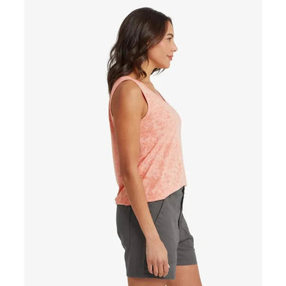 Side view of the Sherpa Adventure Gear Women's Neha V-Neck Tank in Rose Gold on a model wearing charcoal shorts against a white background.