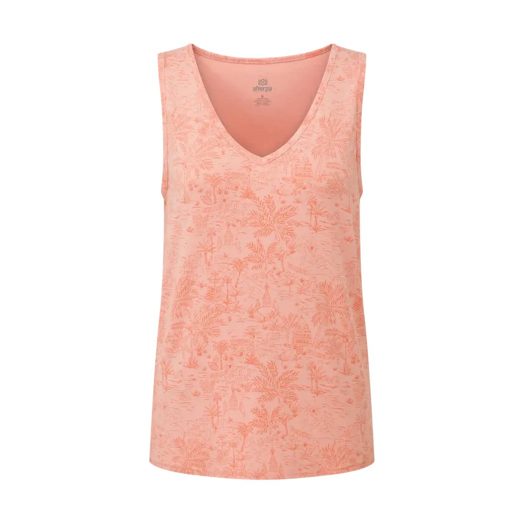 A front view of the Sherpa Adventure Gear Women's Neha V-Neck Tank in Rose Gold with a subtle floral pattern against a white background.