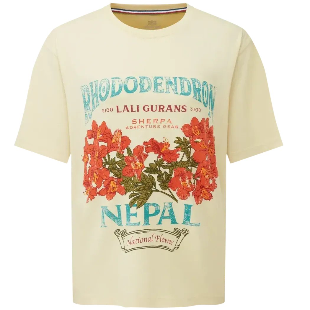 A front view of the Sherpa Adventure Gear Women's Tarcho Rhodoendron Tee in Butter color showing the rhodoendron graphic and "Nepal National Flower" text on a white background.