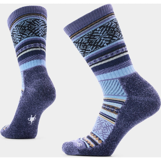 Front and side view of the Smartwool Everyday Cozy Fair Isle Sweater Crew Socks in Nightfall Blue showing the patterned design and textured sole.