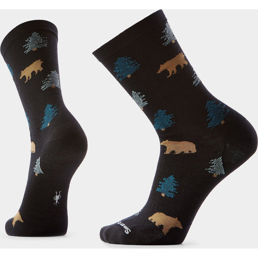 Front and back view of the Smartwool Everyday Through the Trees Crew Socks in Ash showing bear and tree patterns on a black base.