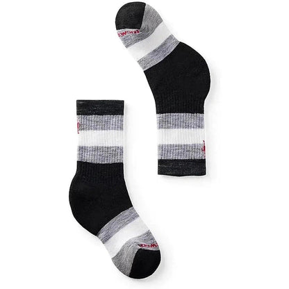 Black Smartwool Kids' Hike Full Cushion Striped Crew Socks shown from two angles on a white background.