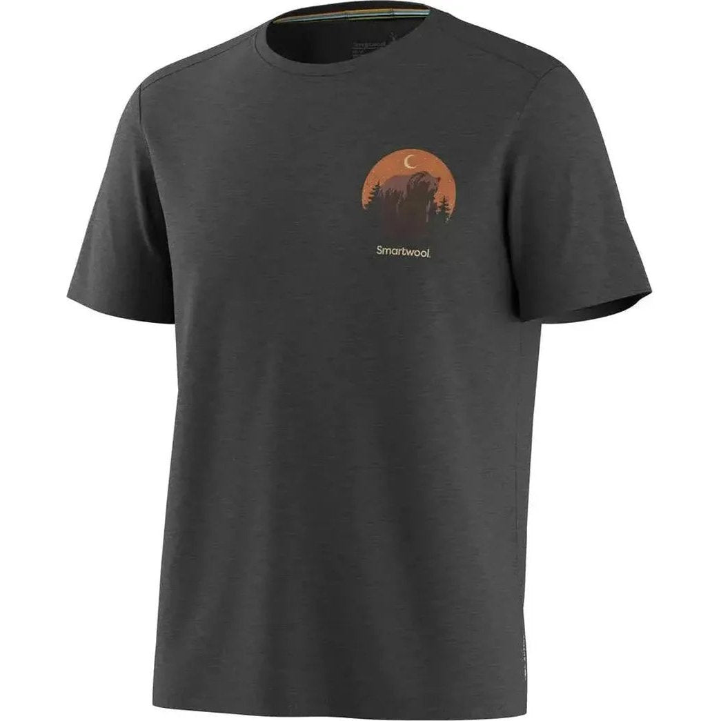 A front view of the Smartwool Men's Lunar Bear Active Short Sleeve Graphic Tee in Charcoal Heather showing the graphic on the chest.