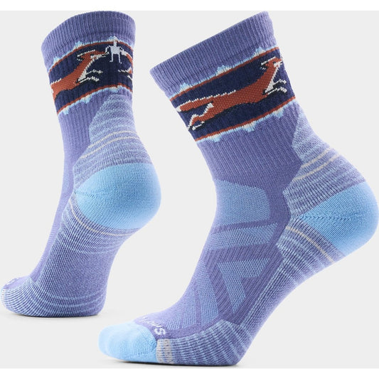 Front and back view of the Smartwool Women's Hike Fox Meadow Mid Crew Socks in Nightfall Blue showing the fox logo and blue heel/toe against a white background.