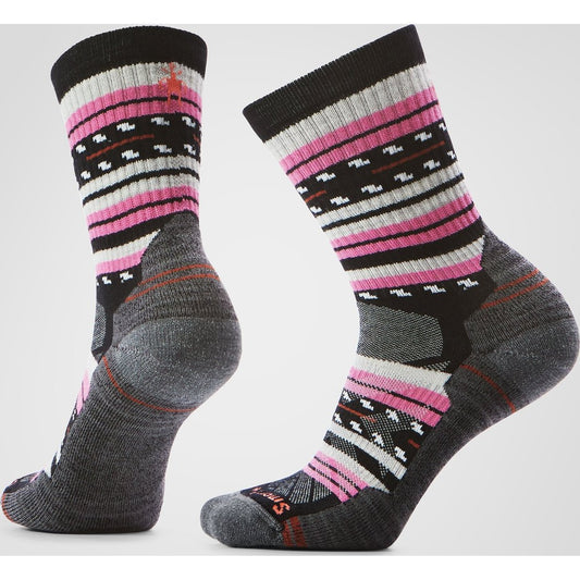 Front and back view of the Smartwool Women's Hike Margarita Crew Socks in Black showing the patterned upper and reinforced heel against a white background.