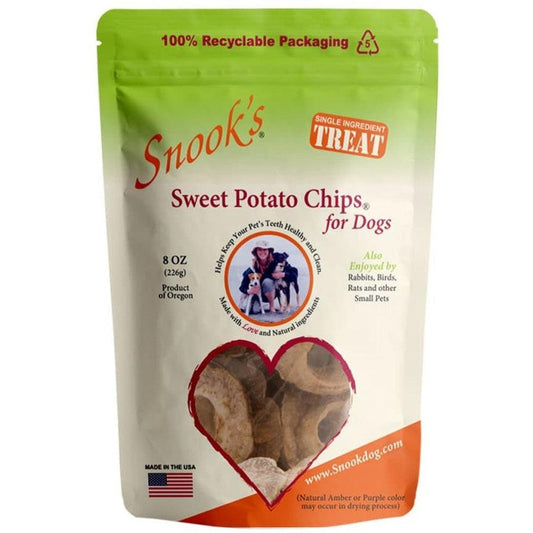 A front view of Snook's Sweet Potato Chips for Dogs packaging showing the heart-shaped window and 100% recyclable label.