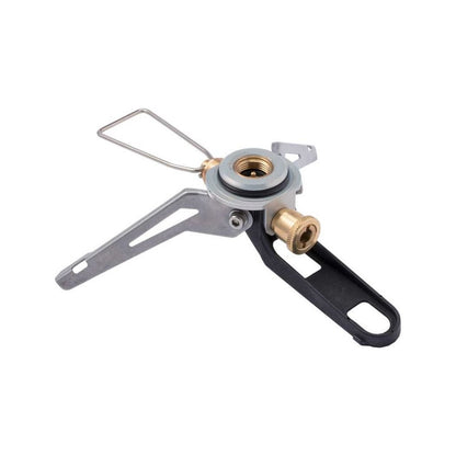A close-up of the Soto Outdoors StormBreaker Stove with a black handle and silver legs against a white background.
