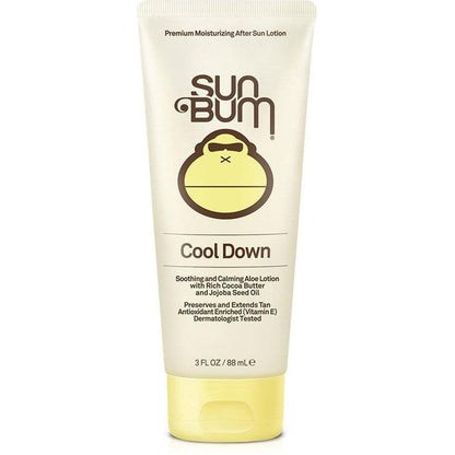 A front view of the Sun Bum Cool Down Lotion 3oz tube with a yellow cap against a white background.