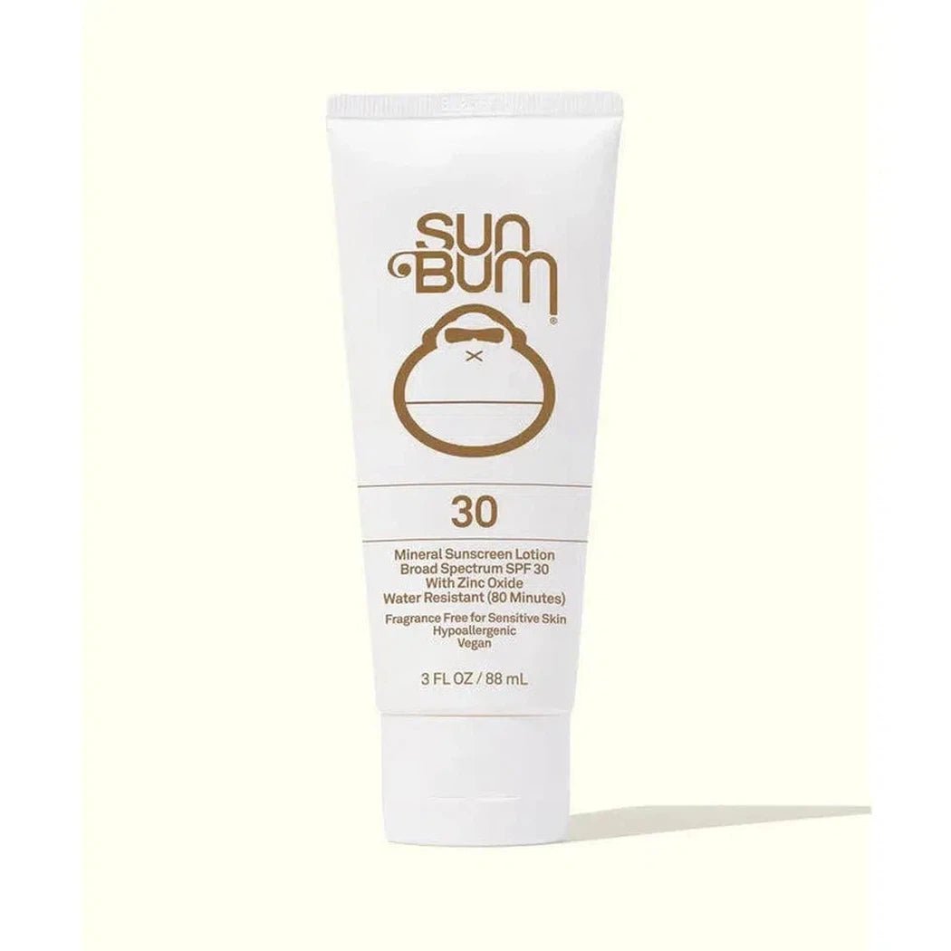 A front view of the Sun Bum Mineral SPF 30 Sunscreen Lotion tube against a light background.