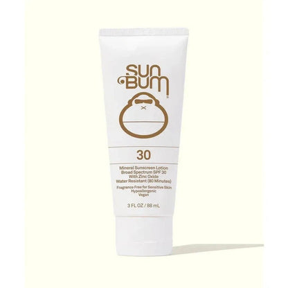 A front view of the Sun Bum Mineral SPF 30 Sunscreen Lotion tube against a light background.