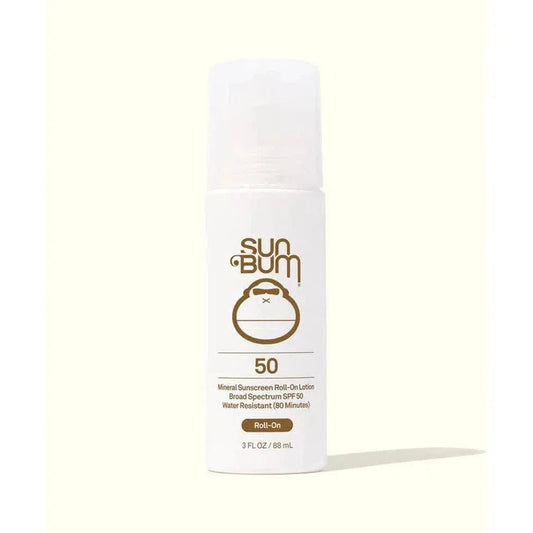 A front view of the Sun Bum Mineral SPF 50 Roll On bottle against a light background.