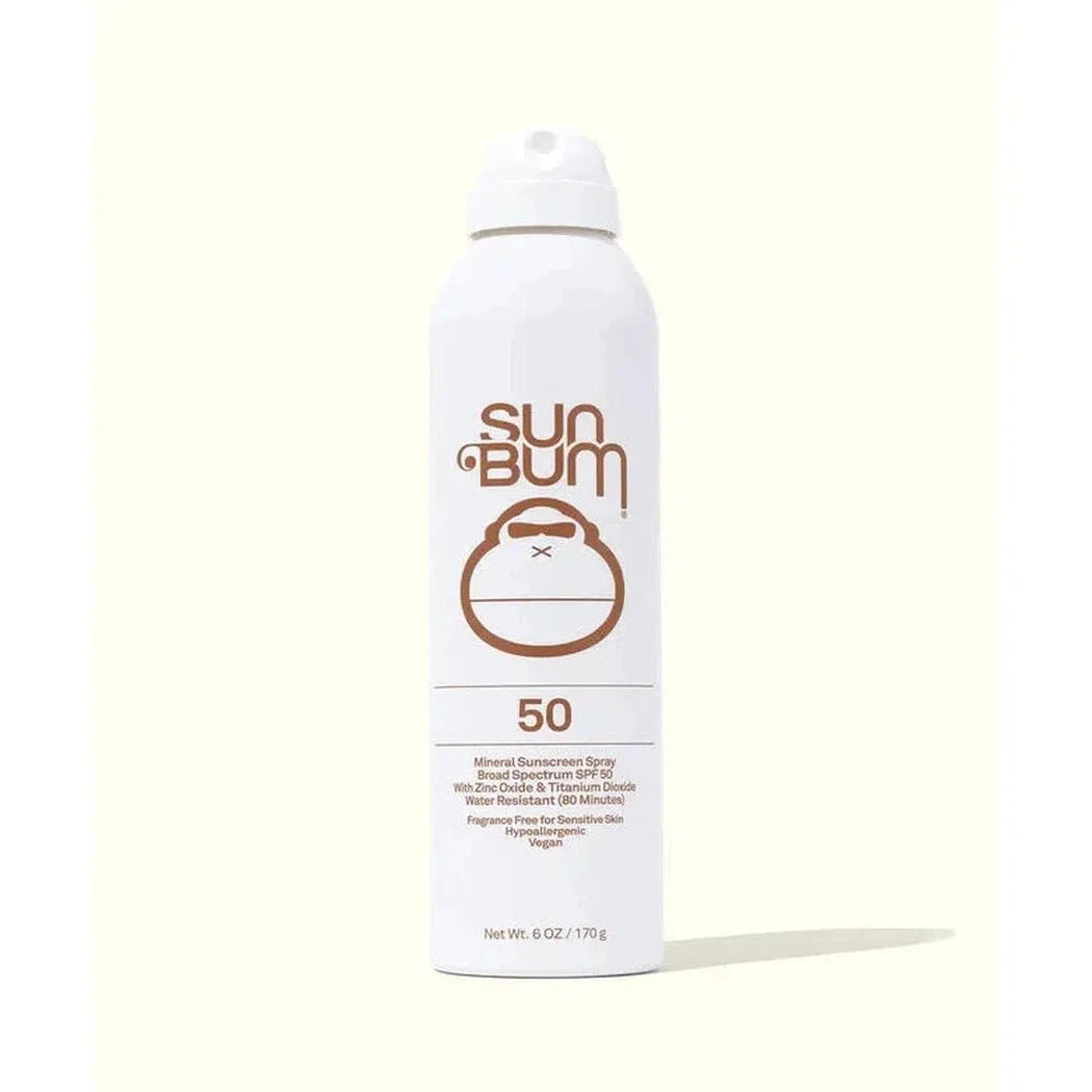 A front view of the Sun Bum Mineral SPF 50 Sunscreen Spray can against a light background.