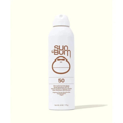 A front view of the Sun Bum Mineral SPF 50 Sunscreen Spray can against a light background.