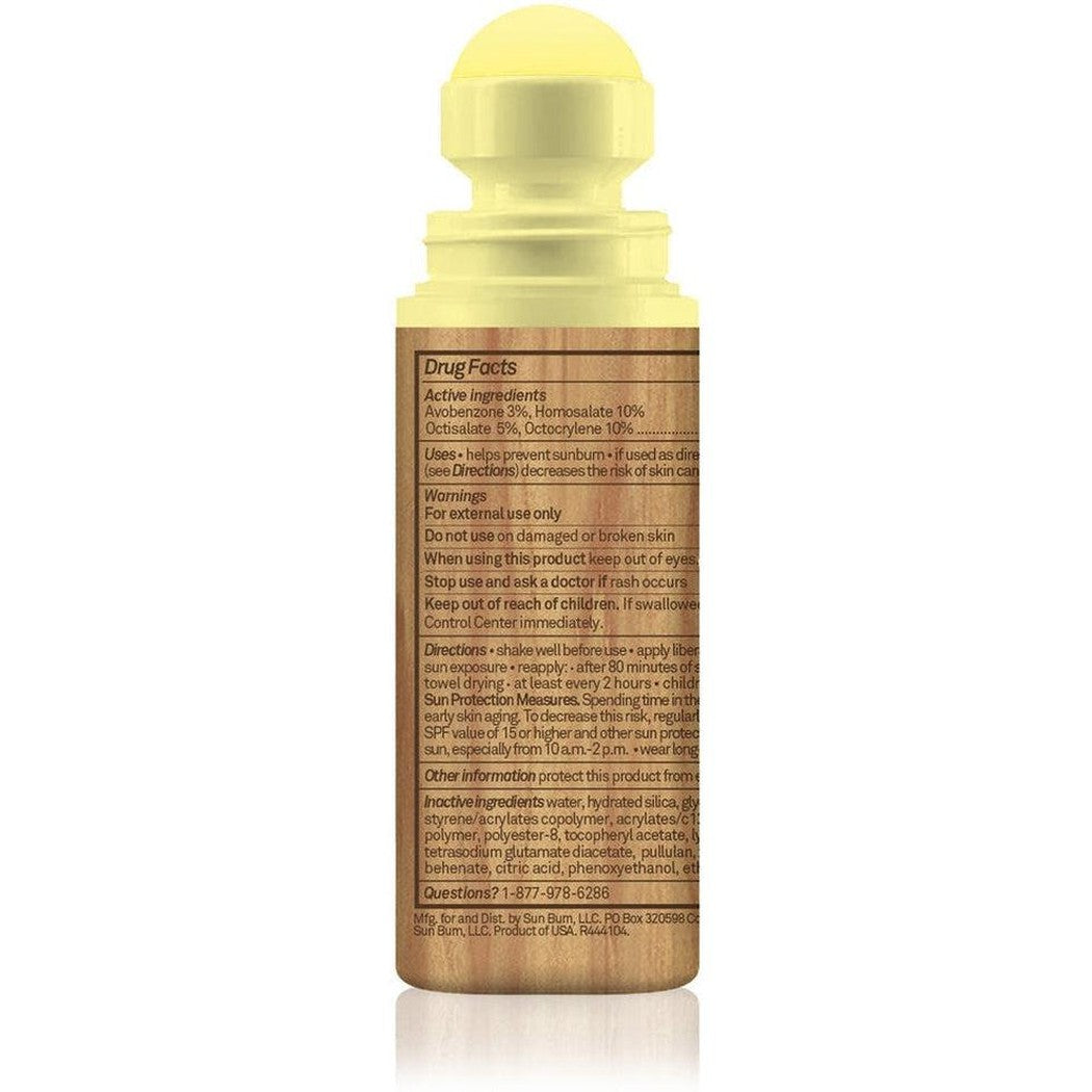 A front view of the Sun Bum SPF 50 Original Roller Ball with a brown label and yellow cap against a white background.