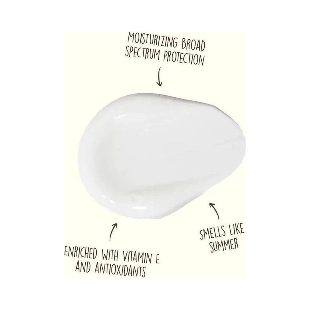 A close-up of Sun Bum SPF 50 Sunscreen Lotion 3oz with text highlighting moisturizing protection, vitamin E, and a summer scent.