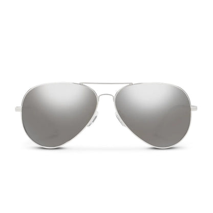 Front view of the Suncloud Hard Deck sunglasses in Gold with silver mirrored lenses against a white background.