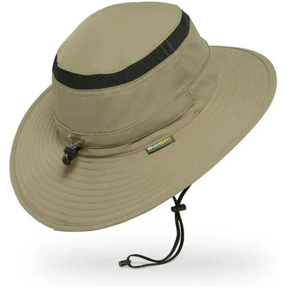 A side view of the Sunday Afternoons Cruiser Hat in Cream/Sand showing the chin strap and black band against a white background.