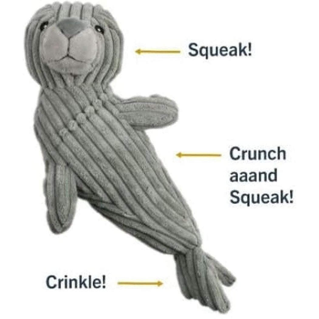 A gray Tall Tails Plush Seal Squeak & Crunch Toy - 14" lies on its side showing the crinkle tail and crunch body against a white background.