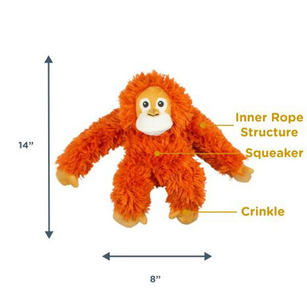 A 14" Tall Tails Rope Body Orangutan toy with inner rope structure, squeaker, and crinkle features, shown from front against white background.