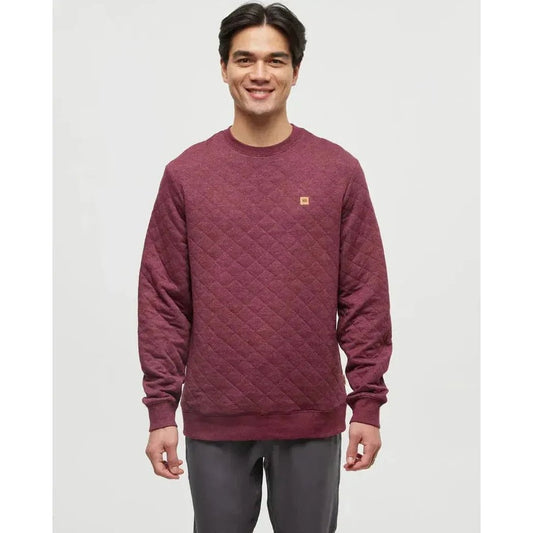 A front view of the Tentree Men's Quilted Reynard Crew in Deep Burgundy Heather on a model against a plain white background.