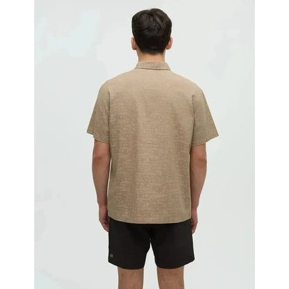 Back view of the Tentree Men's Redwood Pocket Shirt in Khaki/Palm on a model against a plain white background.