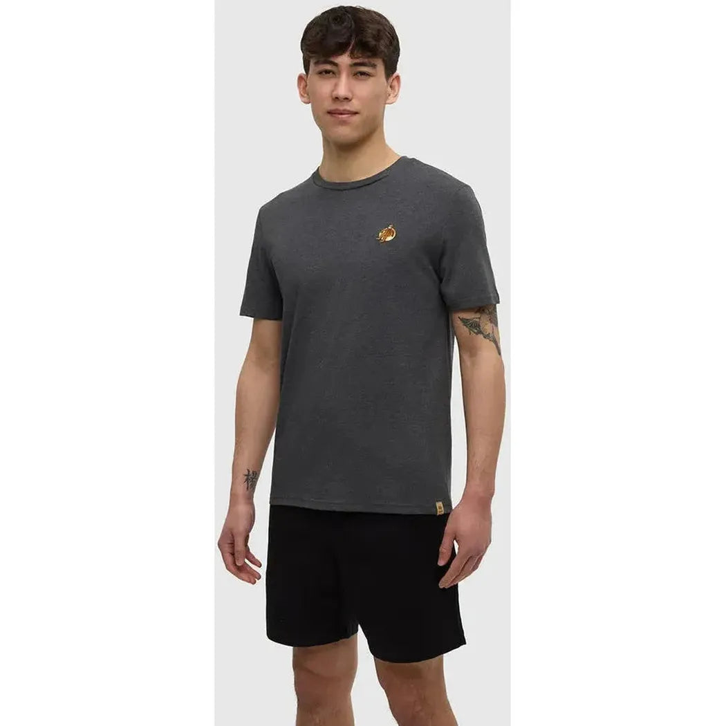 A front view of the Tentree Men's Sasquatch T-Shirt in Clay Heather Adirondack on a model against a plain white background.