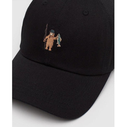 A black Tentree Sasquatch Peak Hat with a brown Sasquatch embroidery on the front, shown from a front angle against a white background.