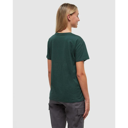 Back view of the Tentree Women's Regenerative Forest Sprawl T-Shirt in Forest Pine Granite Green on a model wearing gray cargo pants against a plain white background.