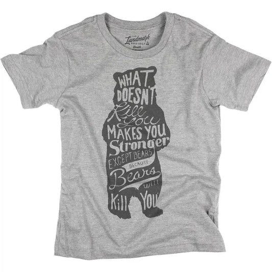 A front view of the Smoke Grey The Landmark Project Bear - Youth t - shirt showing the bear graphic and text on a white background.