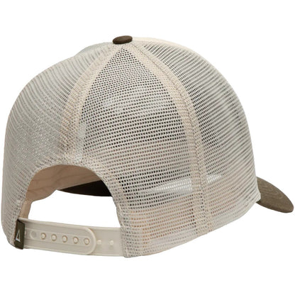 Back view of The Landmark Project Keep It Green 5-Panel Trucker Hat in Sand/Vine showing the mesh back and adjustable strap against a white background.