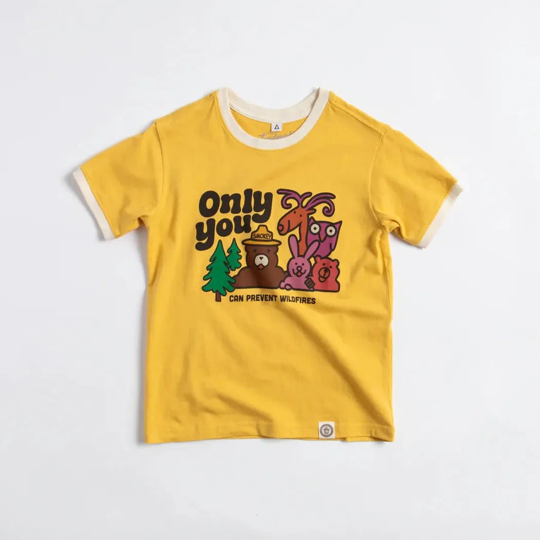 A front view of the Sunshine/Honeycomb The Landmark Project Only You Vintage Youth Short Sleeve Ringer Tee on a white background.
