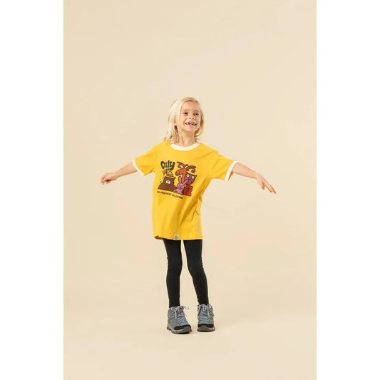 A young model wearing The Landmark Project Only You Vintage Youth Short Sleeve Ringer Tee in Sunshine/Honeycomb stands with arms outstretched against a plain background.