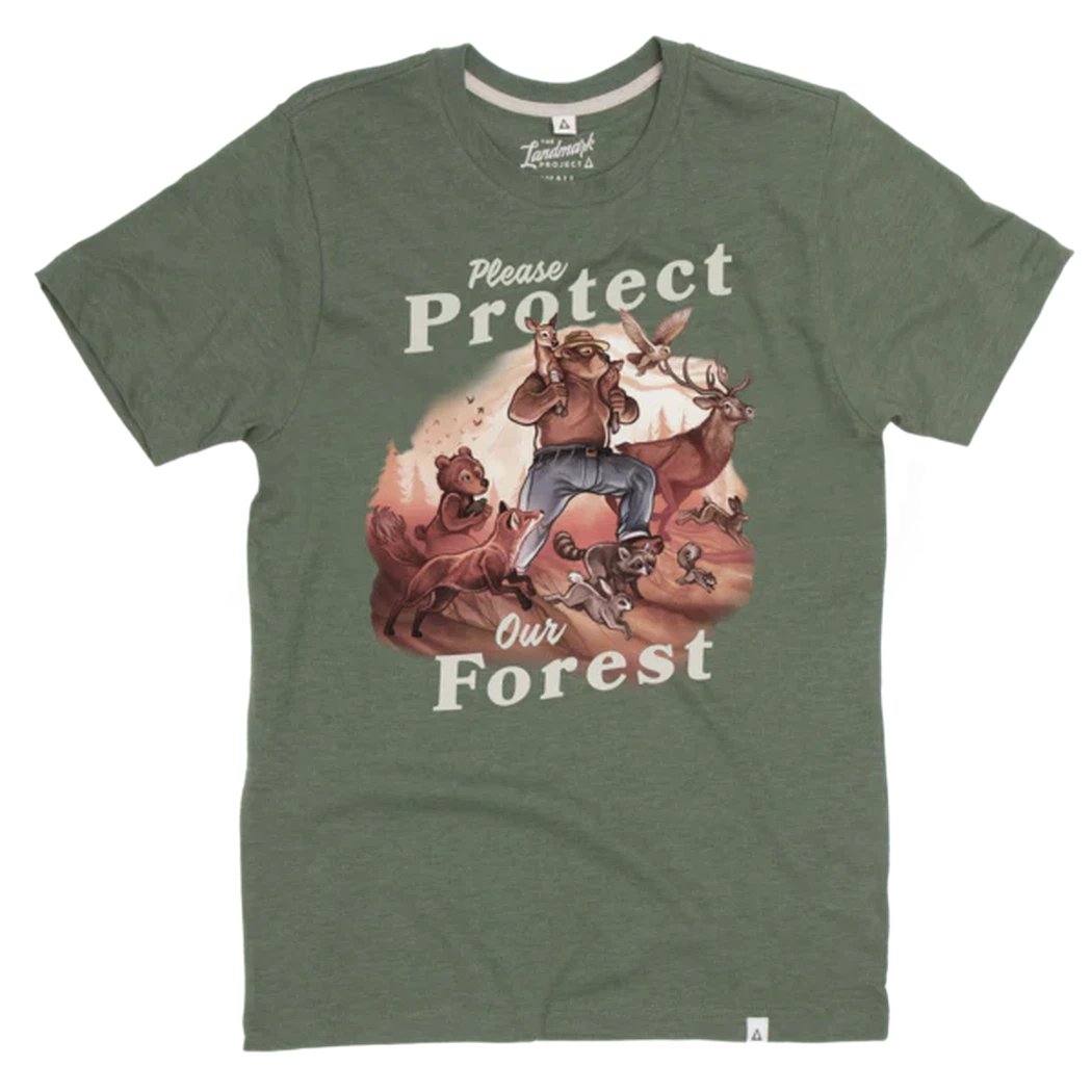 A front view of the Conifer The Landmark Project Protect Our Forest Tee showing the graphic design against a white background.