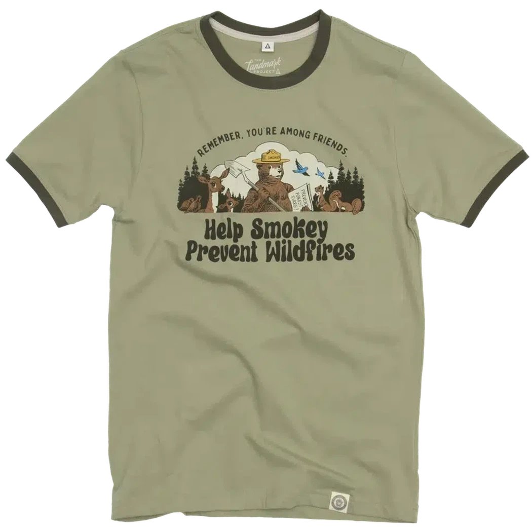 The Landmark Project Smokey Among Friends Ringer Tee-Unisex - Clothing - Tops-Bay Leaf/Dark Oak-S-Appalachian Outfitters