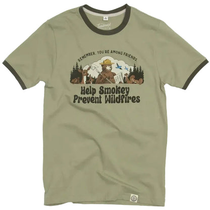 The Landmark Project Smokey Among Friends Ringer Tee-Unisex - Clothing - Tops-Bay Leaf/Dark Oak-S-Appalachian Outfitters
