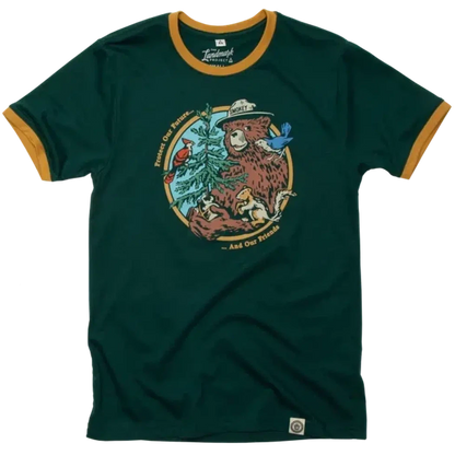 The Landmark Project Smokey's Friends Ringer Tee-Unisex - Clothing - Tops-The Landmark Project-Spruce + Golden-XS-Appalachian Outfitters