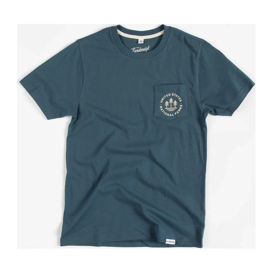 A front view of the Steel The Landmark Project U.S. National Parks Unisex Short Sleeve Tee w/ Pocket laid flat on a white background.