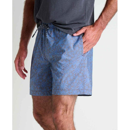 Side view of the Toad & Co Men's Boundless Pull-On Short in Raisin Tonal Print showing the drawstring waist and model wearing it against a plain background.