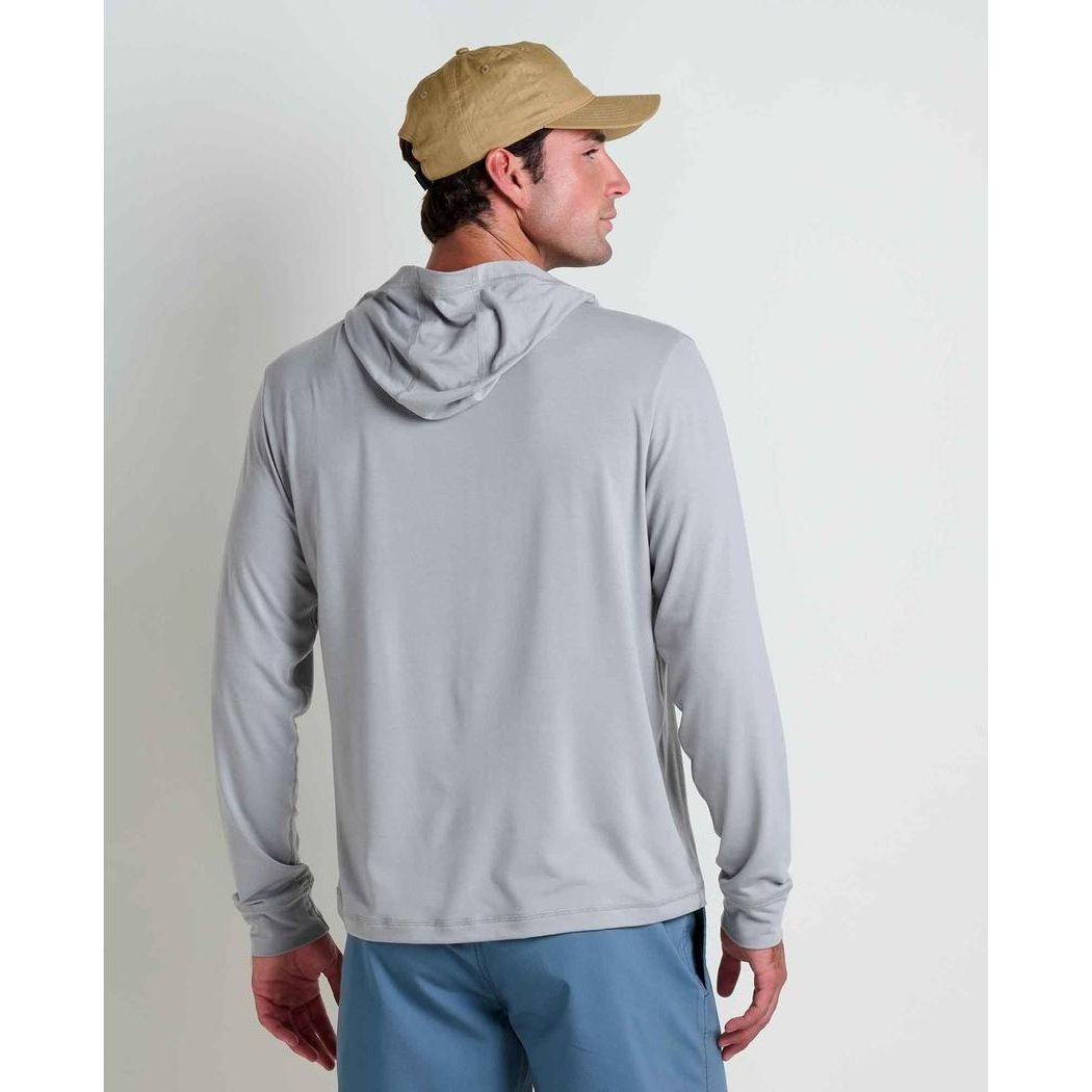 Back view of the Toad & Co Men's Swifty Long Hoodie in Light Ash on a model wearing blue shorts against a plain white background.