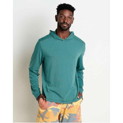 A model wearing the Toad & Co Men's Swifty Long Hoodie in Light Ash stands against a plain white background.