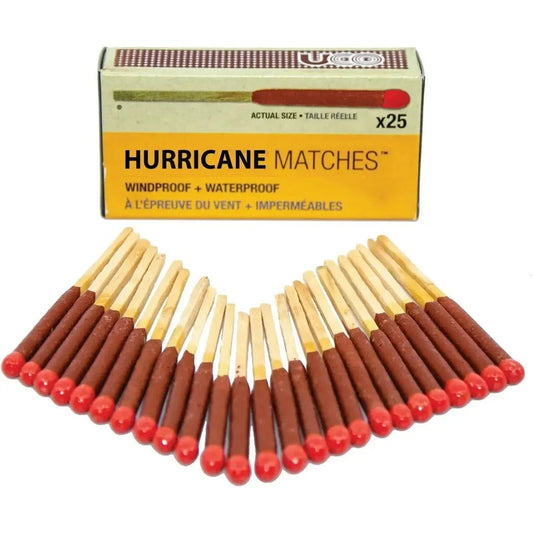 A box of UCO Hurricane Matches with 25 matches laid out in front against a white background.