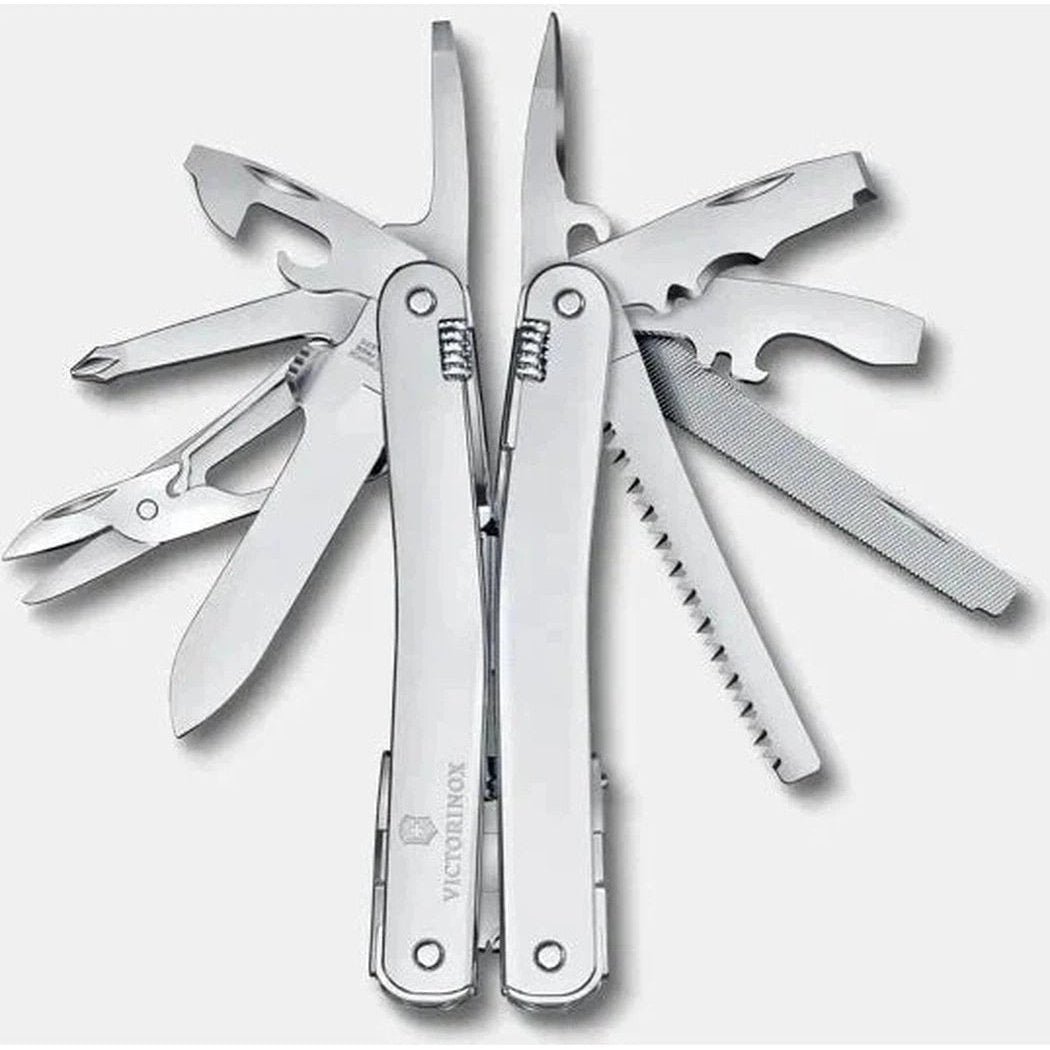 A silver Victorinox Swiss Tool Spirit MX with a nylon pouch is displayed open against a light gray background.