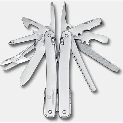 A silver Victorinox Swiss Tool Spirit MX with a nylon pouch is displayed open against a light gray background.