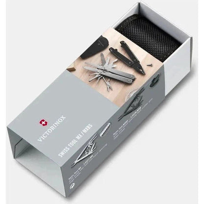 A gray Victorinox Swiss Tool Spirit MX box shows the multi-tool and nylon pouch inside.