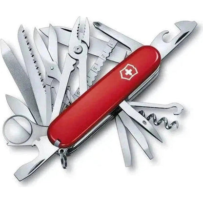 A red Victorinox SwissChamp multi-tool with various tools extended, photographed from a top-down angle against a white background.