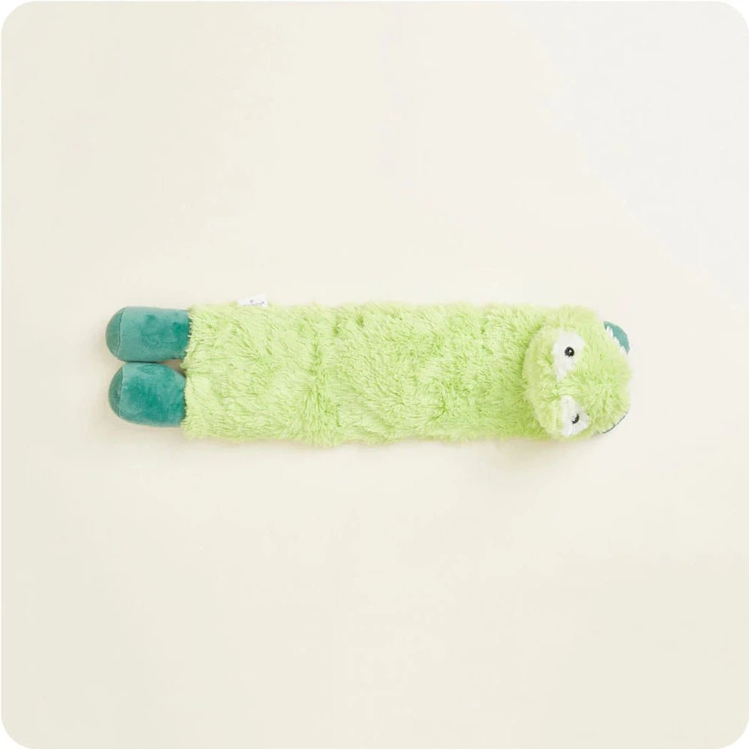 A top-down view of the Warmies Frog Cozy Wraps in light green with teal feet and a face, on a plain white background.